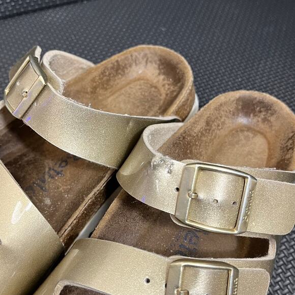 Birkenstock Betula Sandals Gold Three Strap Slides Leather Size 37 US 6 - Picture 2 of 7